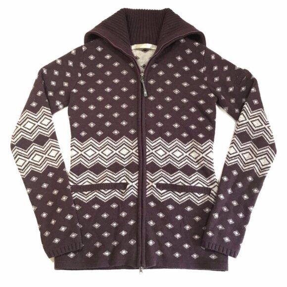 Athleta Purple and White Fair Isle Teton Wool Blend Full Zip Sweater M - Picture 2 of 9